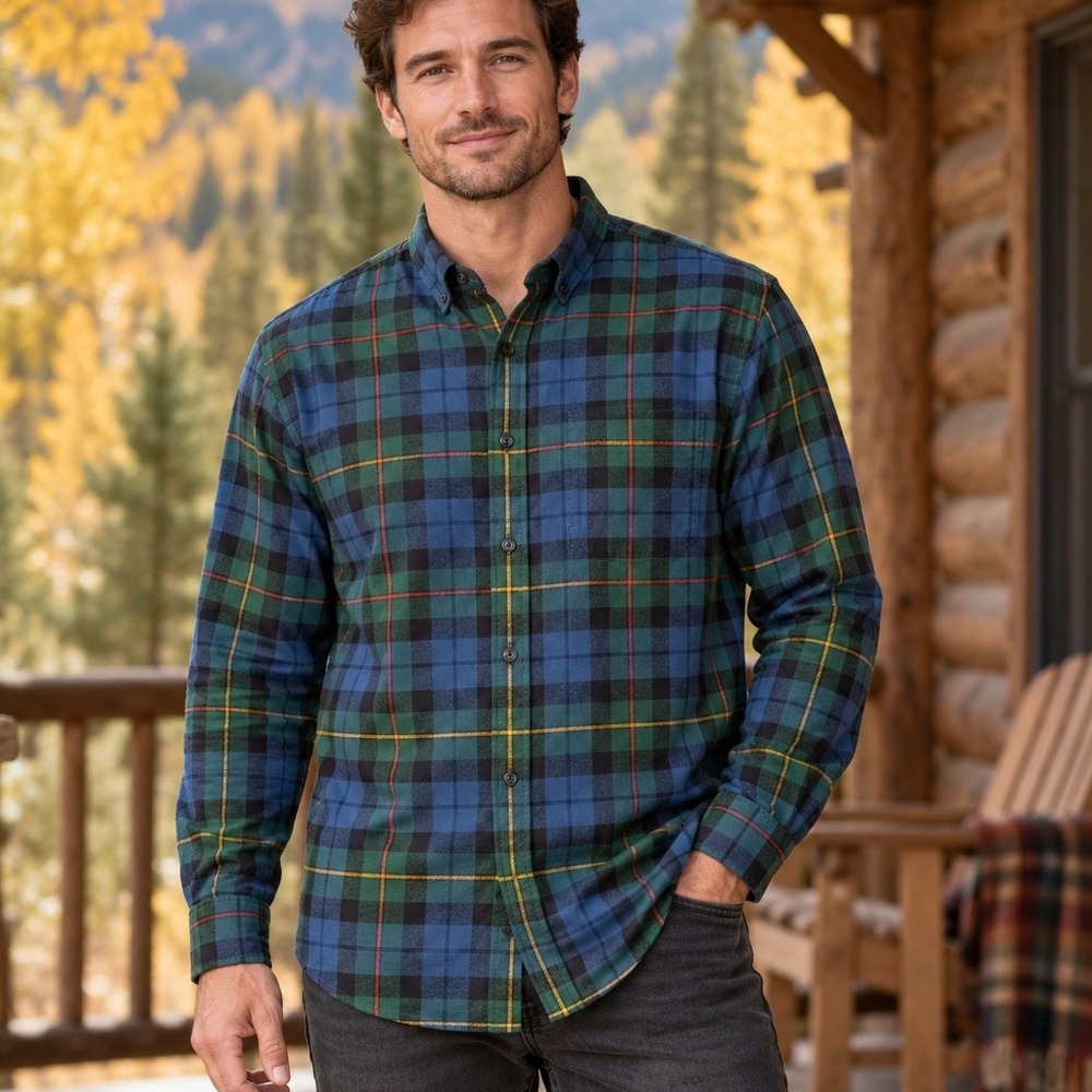L.L.Bean Flannel Shirt Mens Large Tall Blue Green Plaid Cotton Hiking Cabin